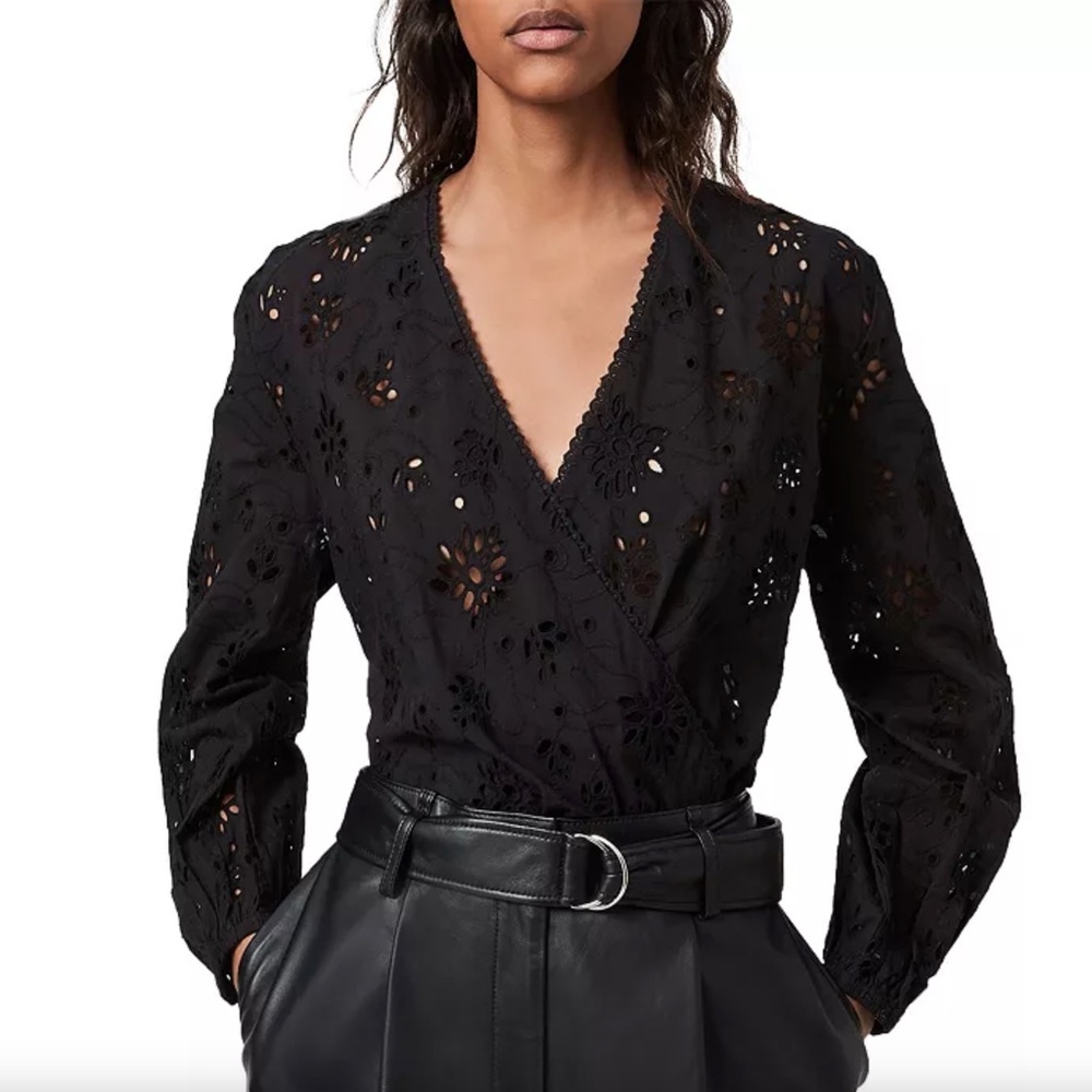 ALLSAINTS Amara Broderie Bodysuit In Black Size US 8 NWOT